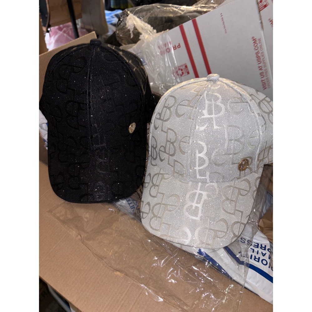 Bebe Logo Baseball Caps Set of 2 Black and White Glitter Monogram Hats One Size